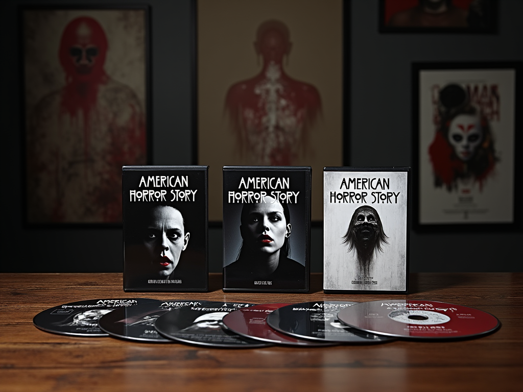 Коллекция DVD "Американская история ужасов" с обложками и дисками на столе, на заднем фоне страшные картины.