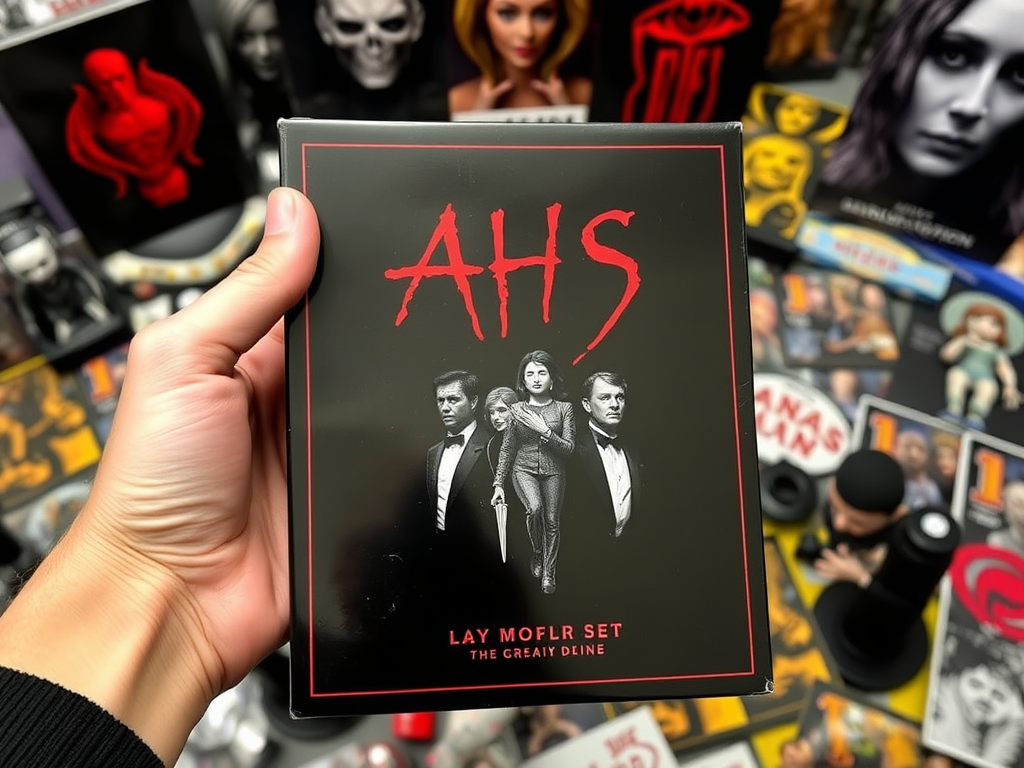 На изображении показан набор AHS с персонажами. Фон заполнен меморабилией.