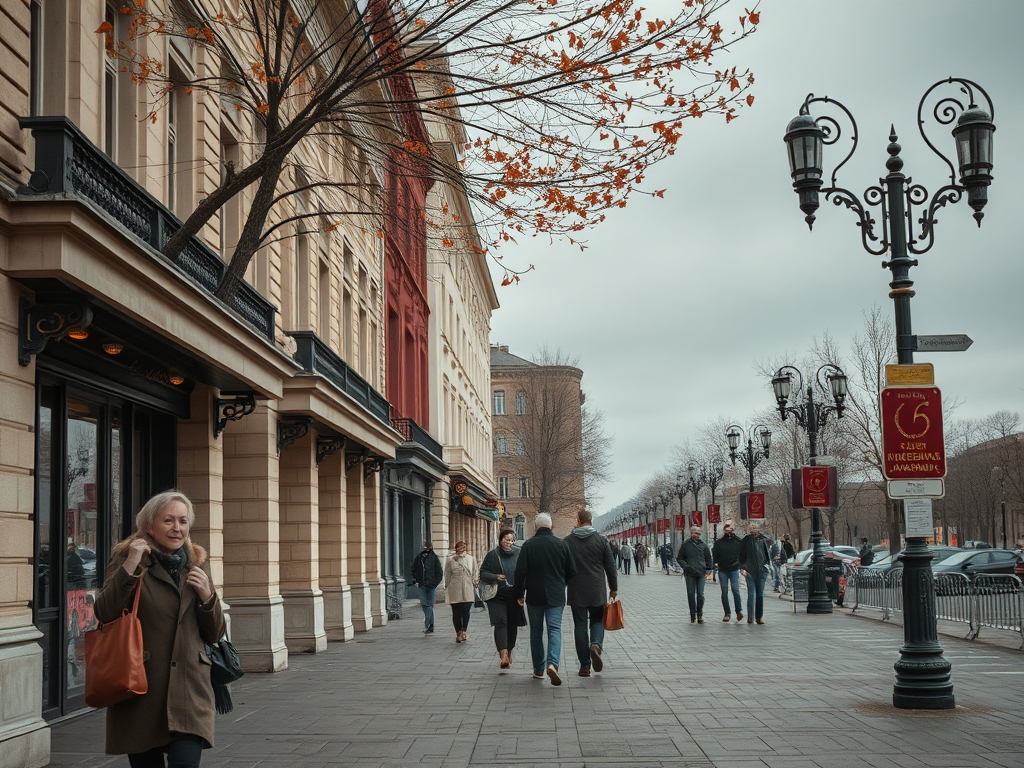 Улица с пешеходами, магазинами и фонарями, листья на деревьях. Пасмурная погода.