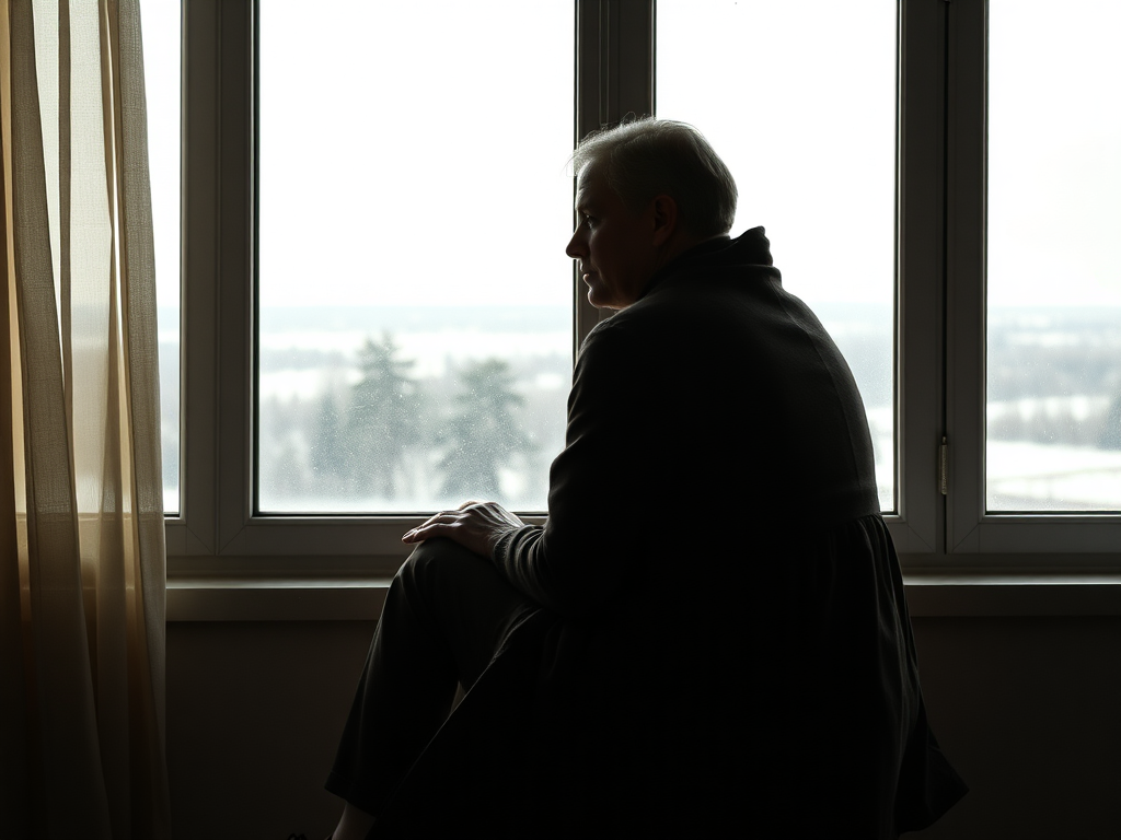 Человек сидит у окна, смотря на холодный пейзаж за стеклом, погружённый в размышления.