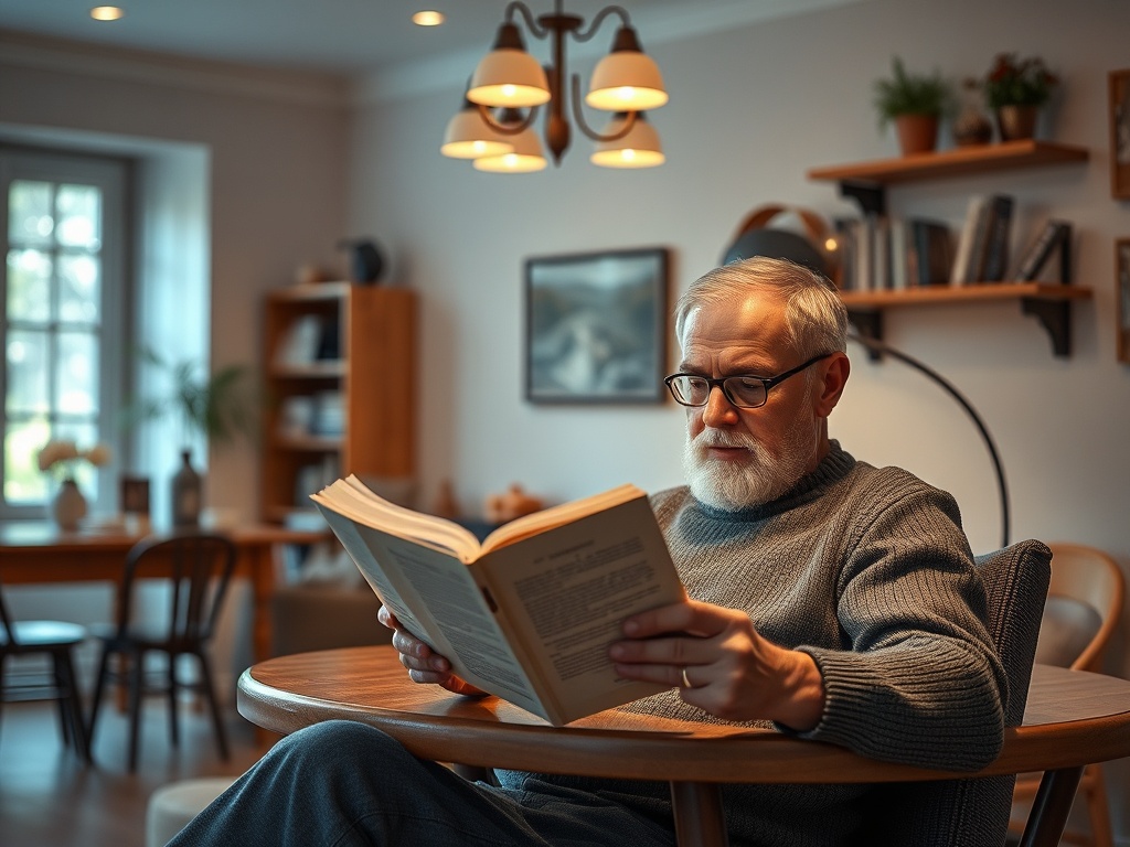 Пожилой мужчина с бородой читает книгу, сидя за деревянным столом в уютной комнате. Вокруг книжные полки.