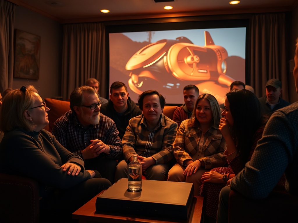 Группа людей обсуждает что-то интересное в уютной комнате с домашним кинотеатром на заднем плане.