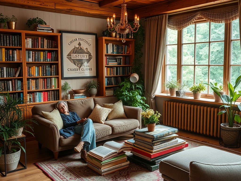 Уютная комната с книгами, диваном и растениями. Человек читает на фоне окна и книжных полок.