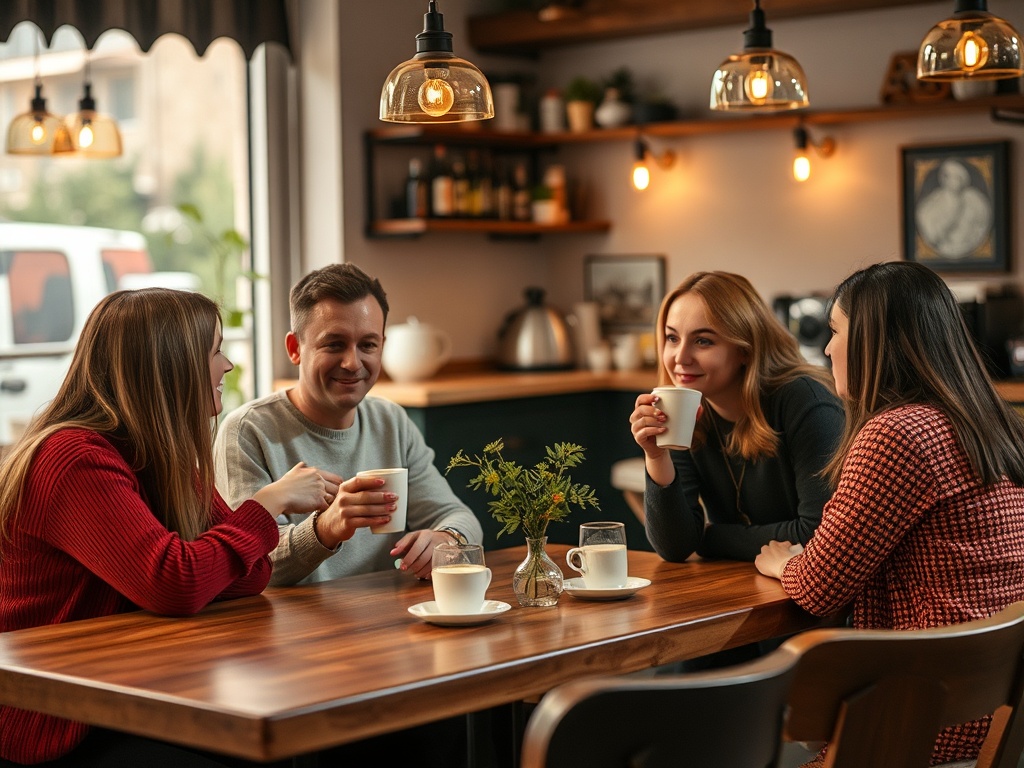 В кафе четверо друзей общаются за столом, наслаждаясь чашками горячих напитков. Теплая атмосфера.