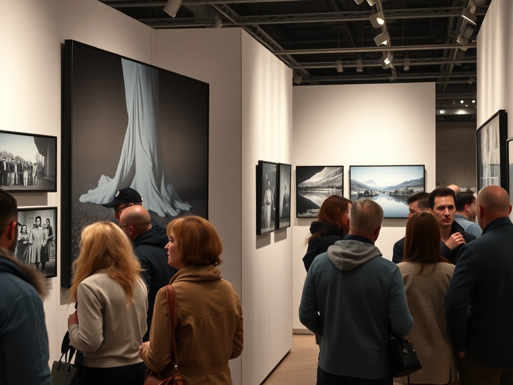 Выставка фотографии: люди обсуждают выставленные работы в галерее с белыми стенами.