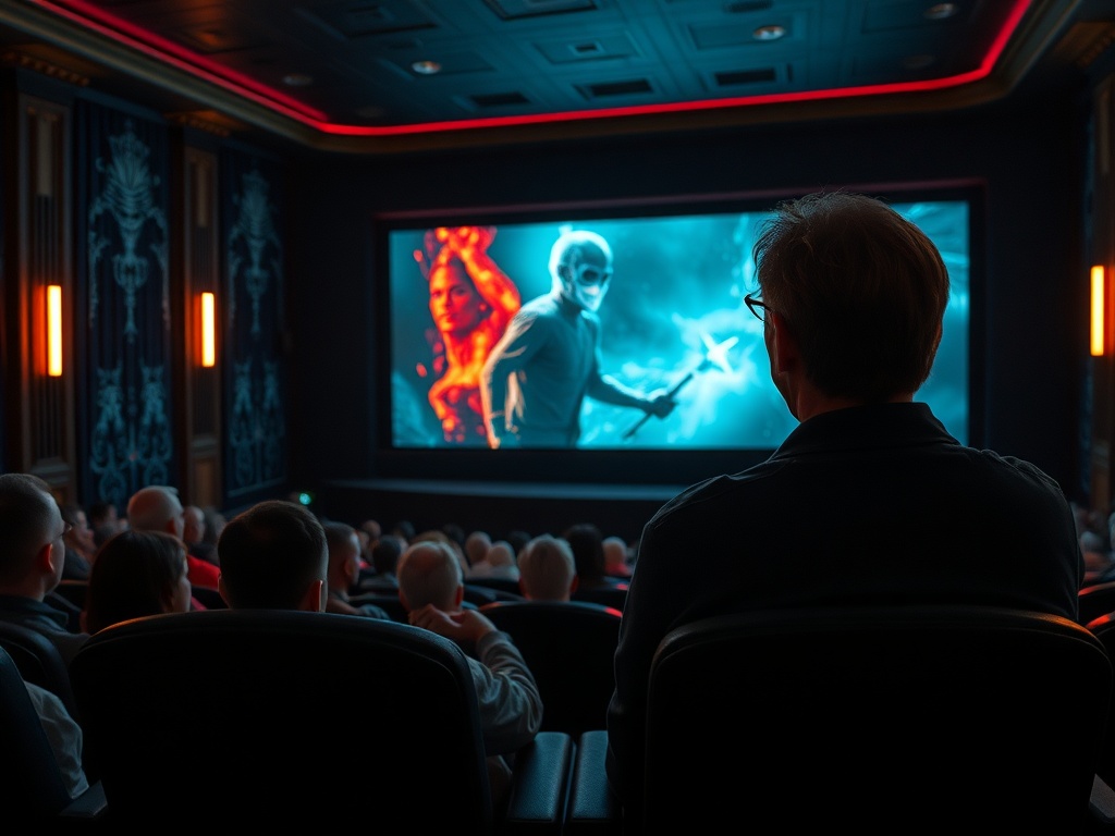 В зрительном зале люди смотрят фильм с яркими персонажами на большом экране. Темно и атмосферно.