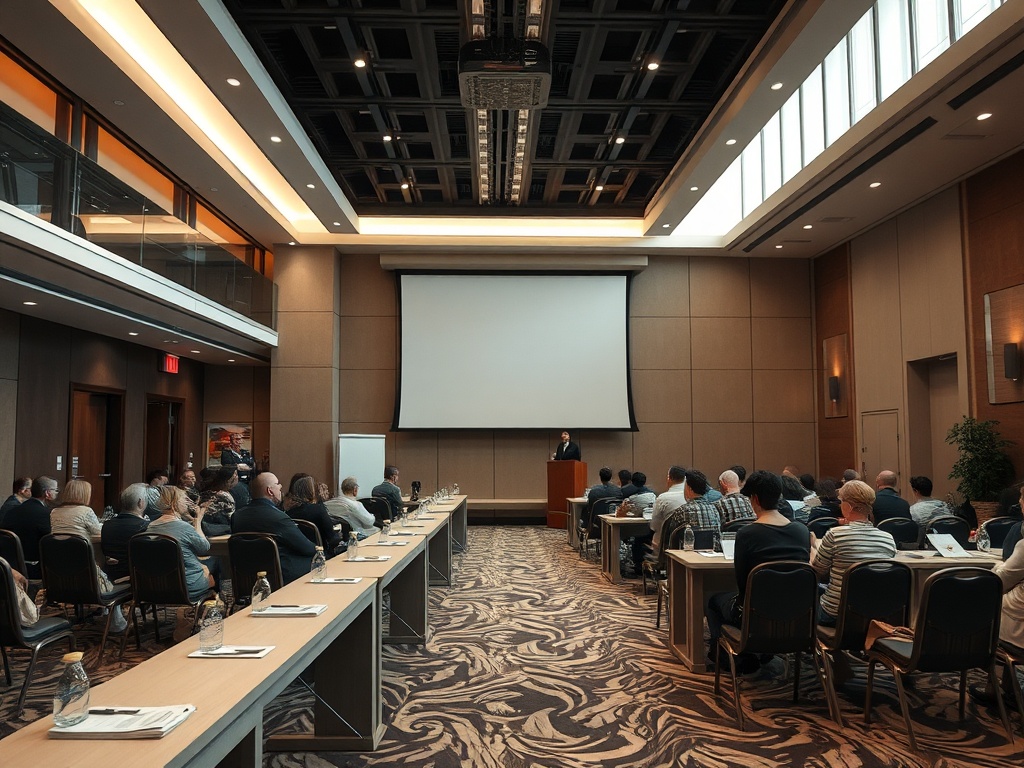 Зал для конференций, слушатели внимательно смотрят на выступающего на сцене. Слайды на экране отсутствуют.