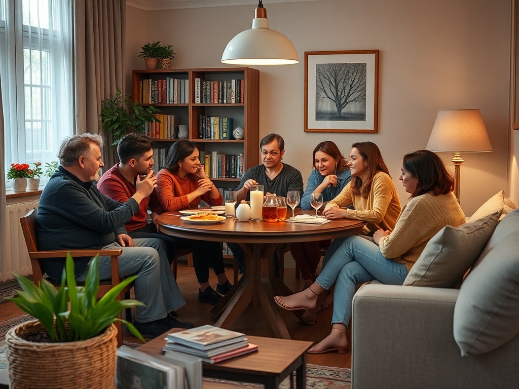 Группа людей сидит за столом, общаясь и наслаждаясь временем вместе в уютной обстановке.