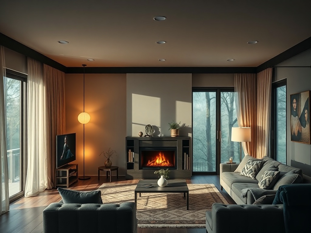 Современная гостиная с камином, мягкой мебелью и большим окном, пропускающим естественный свет.