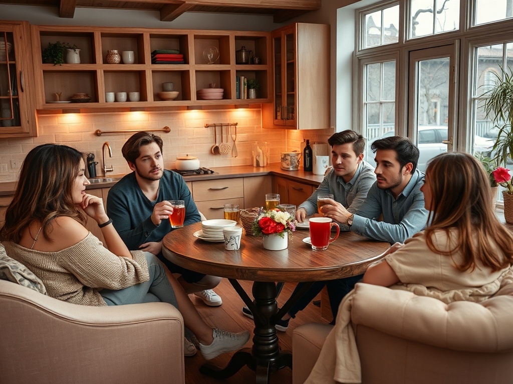 Молодые люди за круглым столом в уютной кухне, обсуждают что-то, радуясь общению. На столе напитки и цветы.