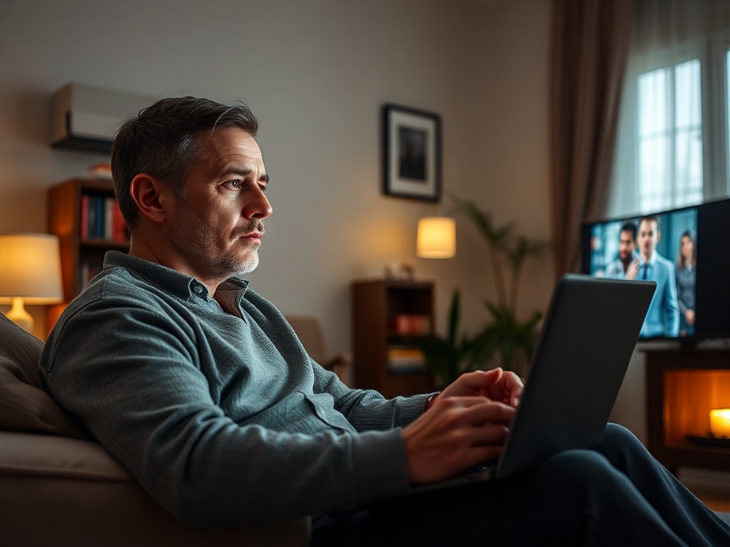 Мужчина сидит на диване с ноутбуком, смотрит телевизор, отражая сосредоточенность и интерес.