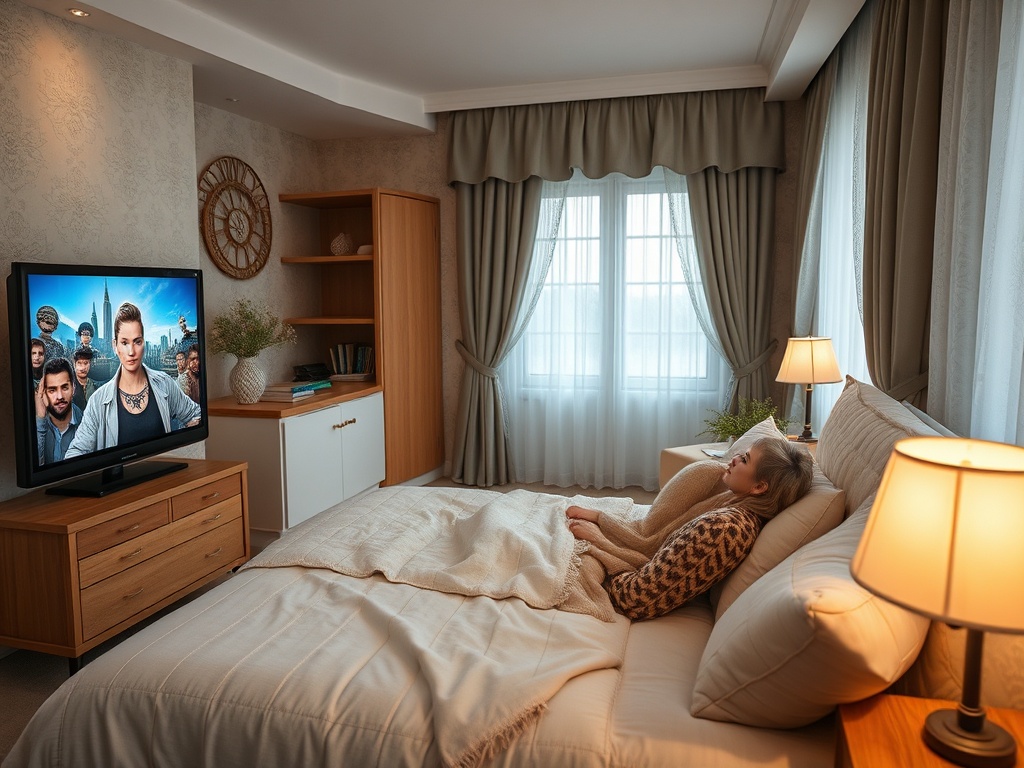 Девочка смотрит телевизор в уютной комнате, укрывшись пледом и расслабляясь. Солнечный свет проникает через окно.