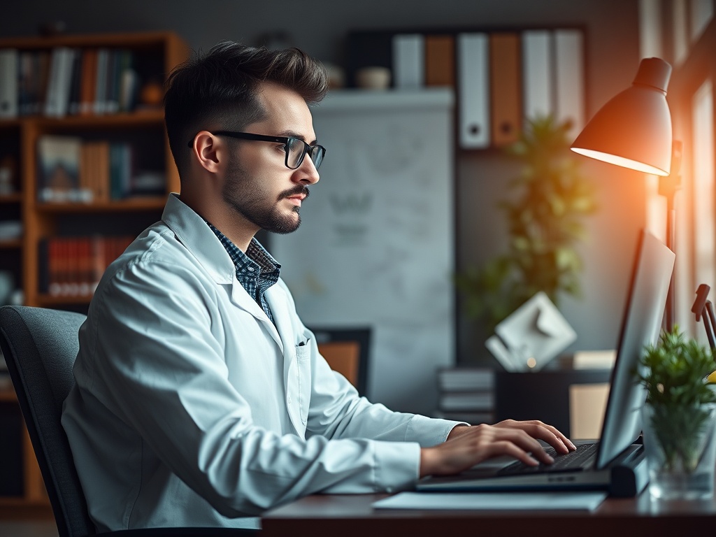 Мужчина в белом халате работает за компьютером в современном офисе, освещённом lampой.