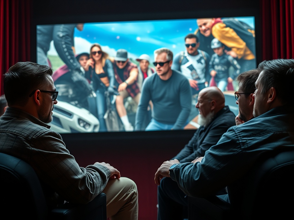 Четыре человека смотрят фильм в кинотеатре, на экране - яркая сцена с группой людей на велосипедах.