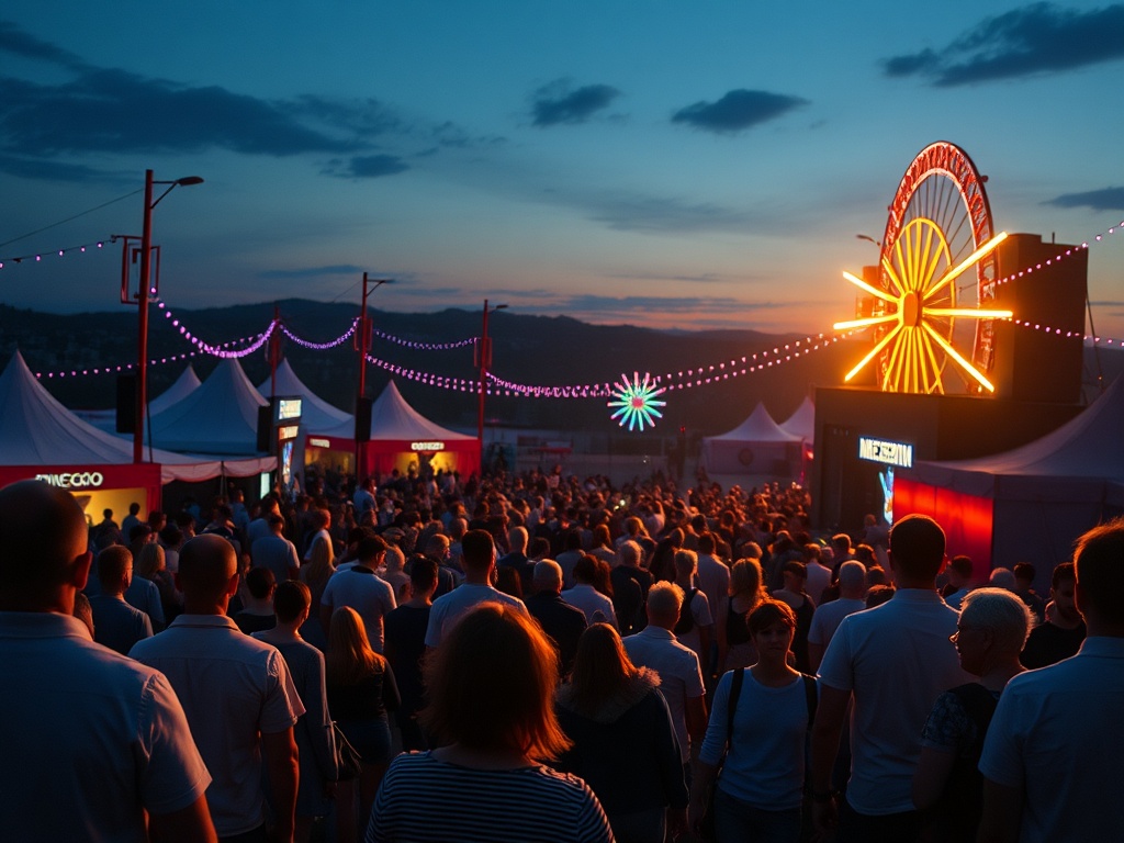 Толпа людей движется к ярким аттракционам на закате, окруженная шумными палатками и огоньками.
