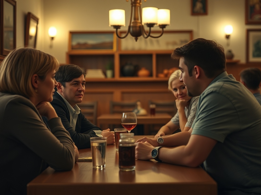 Четыре человека общаются в ресторане, на столе стоят напитки и бокал вина. Уютная атмосфера вечера.