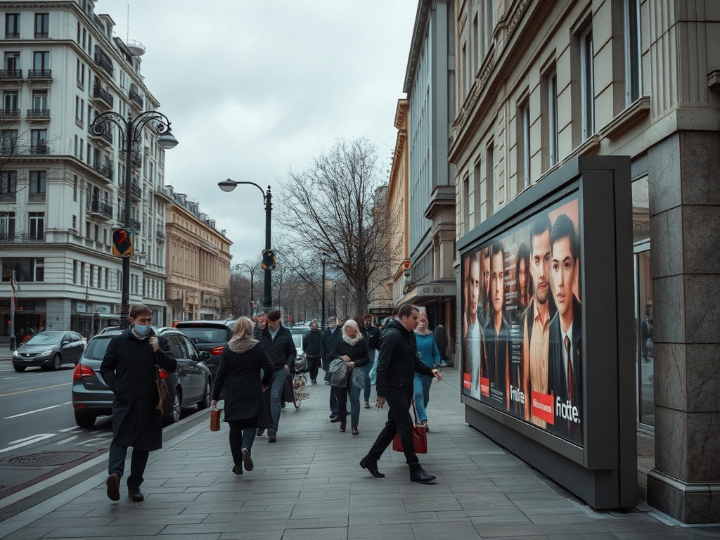 На улице идёт множество людей, рядом с рекламным щитом с изображениями мужчин. Хмурое небо.