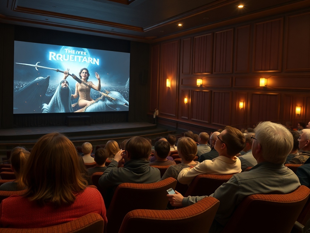 Зрители в кинотеатре смотрят фильм на большом экране. На экране сцена с фантастическими персонажами.