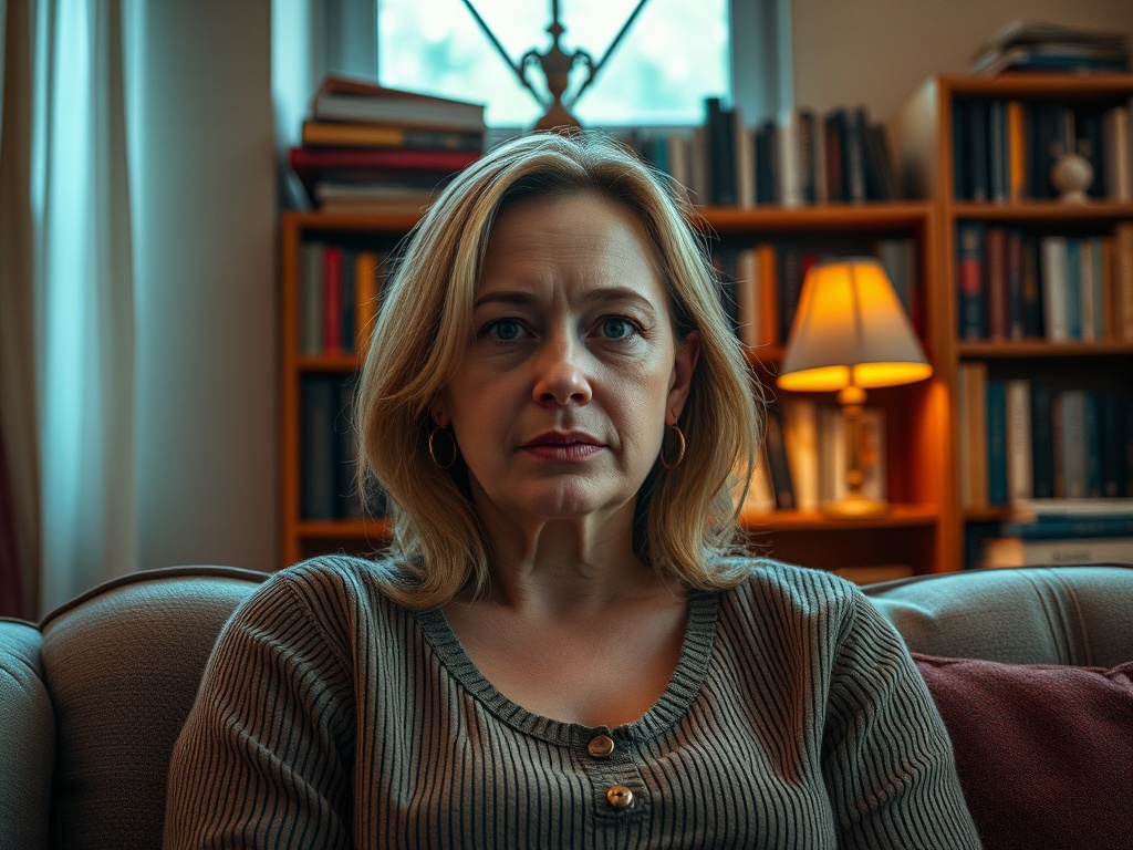 Женщина с короткими светлыми волосами сидит на диване, на фоне книжных полок и лампы.