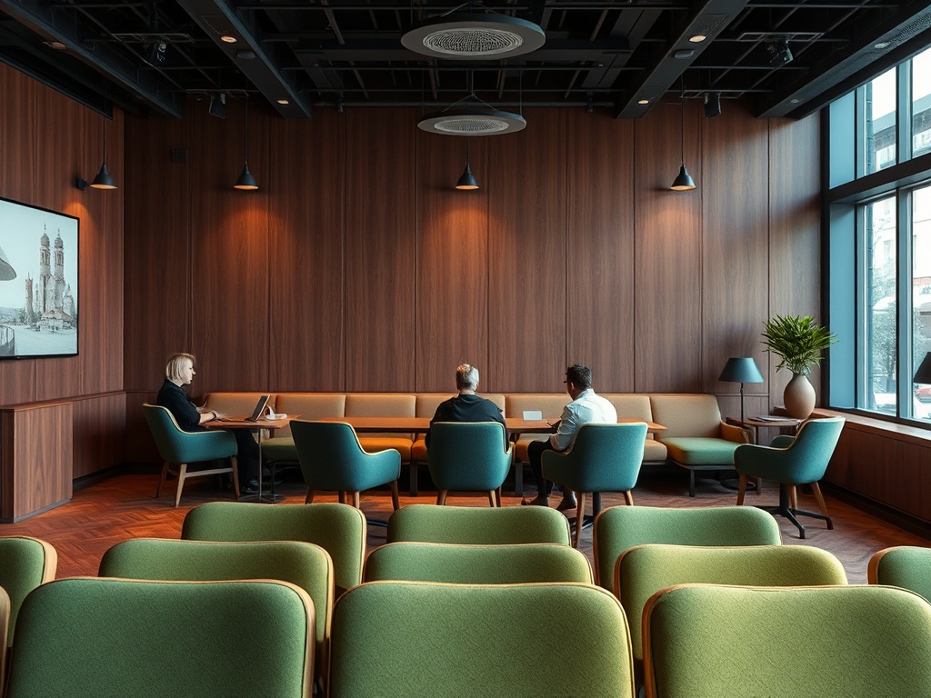 Современное помещение для встреч с мягкой мебелью и большими окнами. Люди обсуждают за столом.