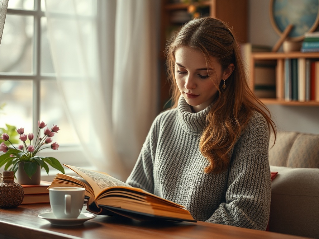 Девушка в сером свитере читает книгу у окна, рядом чашка и цветы в горшке. Внутренний уютный интерьер.
