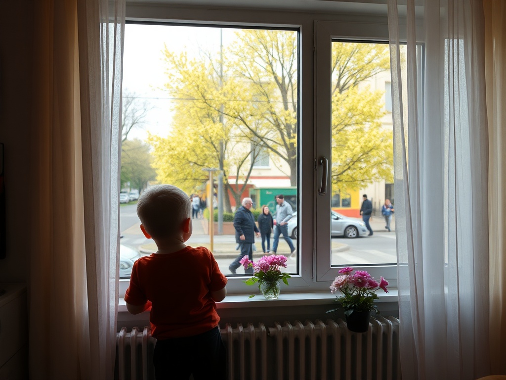 Маленький мальчик смотрит в окно на улицу, за которой цветут деревья и проходят люди. На подоконнике цветы.