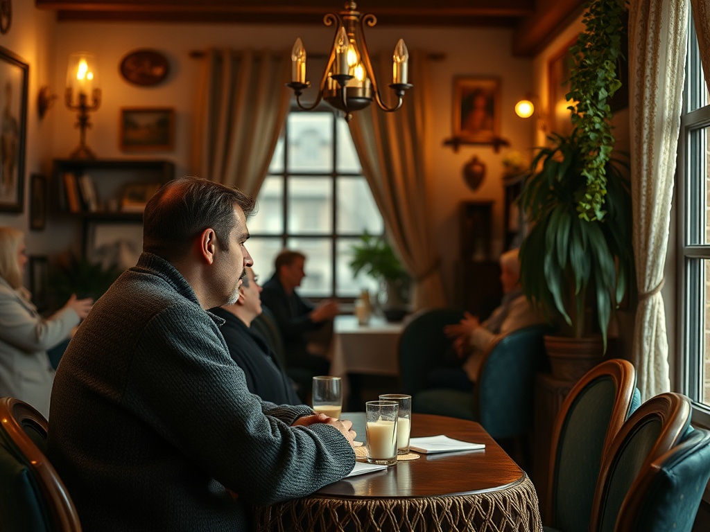 Мужчина сидит за столиком в уютном кафе, окружающие заняты беседами и погружены в свои мысли.