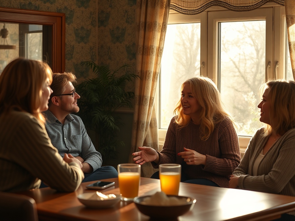 Четыре человека в уютной комнате ведут беседу, наслаждаясь солнечным светом и напитками.