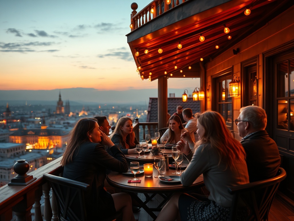На крыше ресторана группа людей наслаждается вечерним закатом и ужином с красивым видом на город.