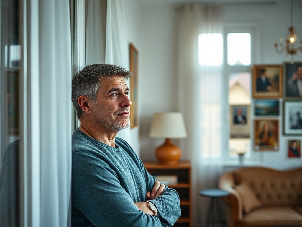 Мужчина в сером свитере смотрит вдаль, окружённый фотографиями на стенах и уютной обстановкой комнаты.