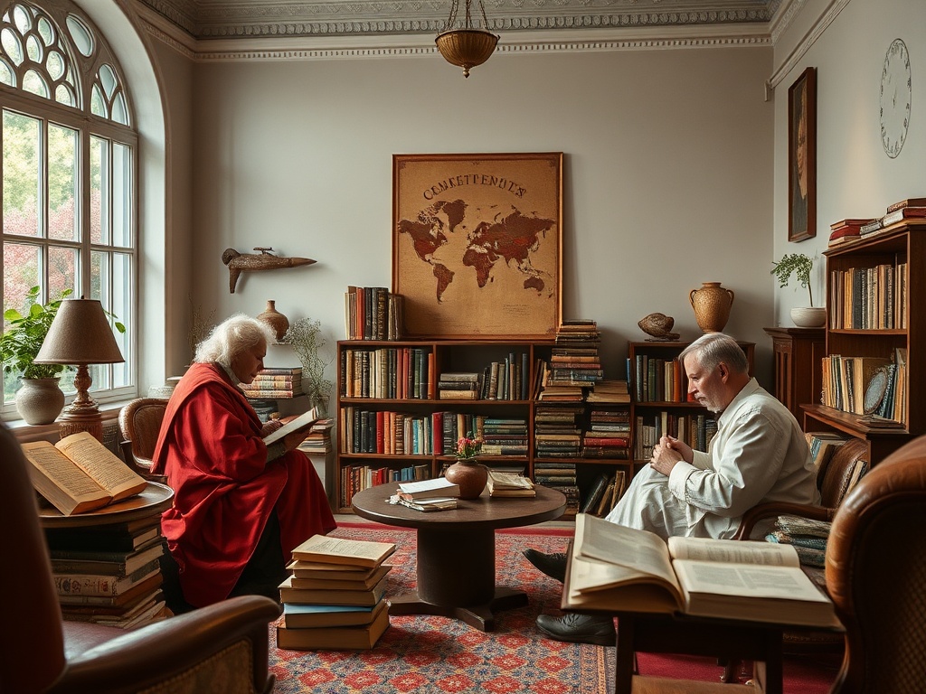 Два человека читают книги в уютной комнате с полками, заполненными книжками и картой мира на стене.