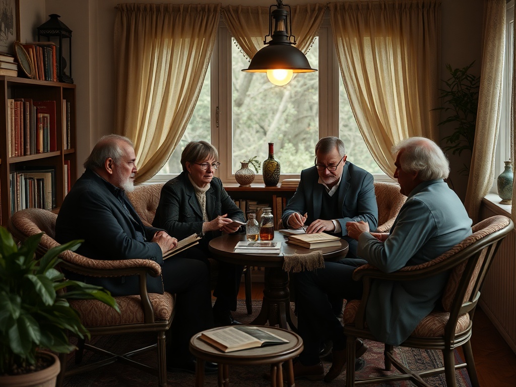 Четыре человека обсуждают что-то за круглым столом в уютной комнате с большими окнами и книжными полками.