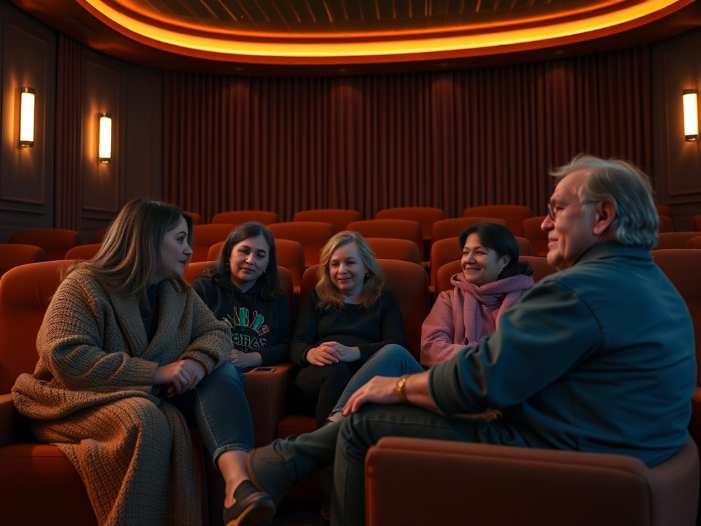Группа людей сидит в уютном кинотеатре, приятно беседуя в расслабленной обстановке.