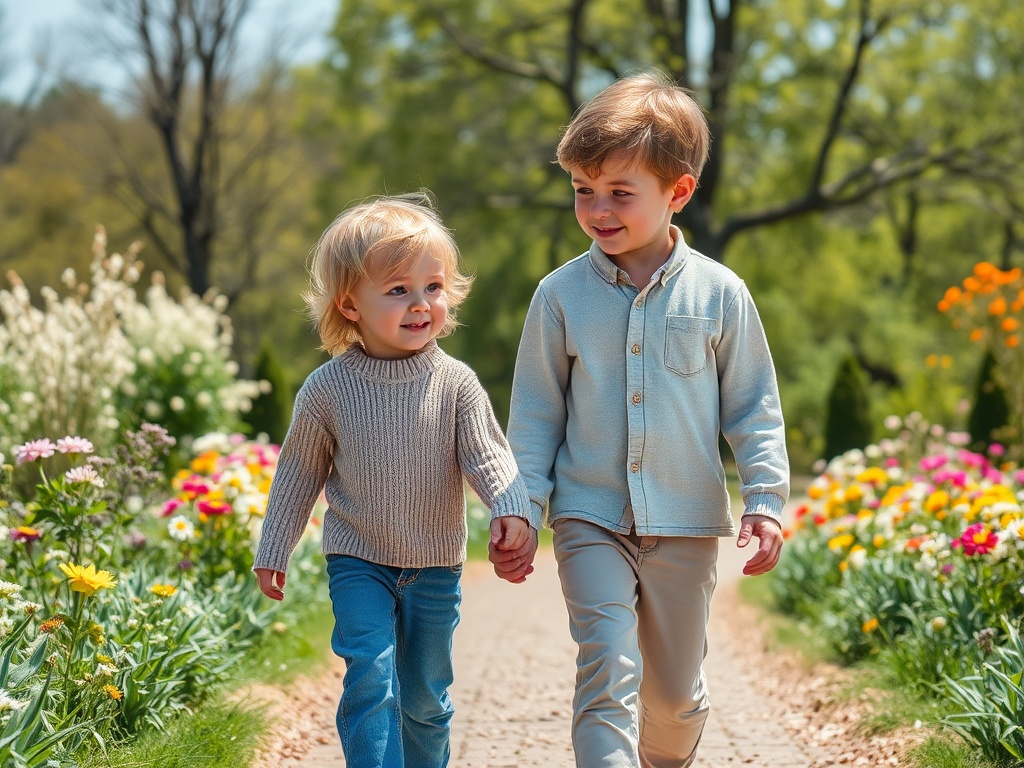 Два ребенка держатся за руки, гуляя по цветочной аллее на солнечном дне. Они улыбаются и счастливы.