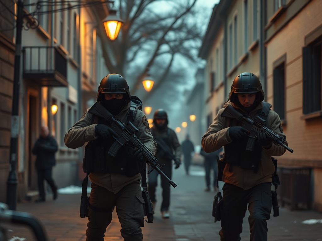 Два вооружённых человека в военной форме идут по узкой улице в туманное утро. Вдали видны другие фигуры.