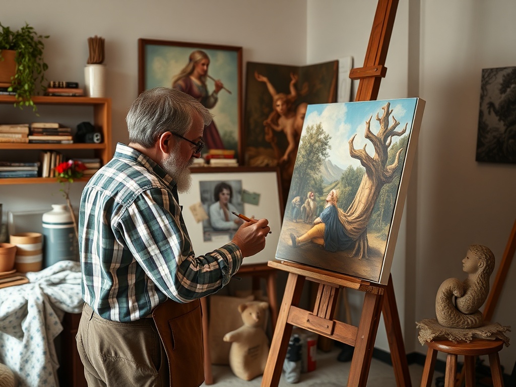 Художник в мастерской работает над картиной, изображающей людей и дерево. Вокруг картины — книги и скульптуры.