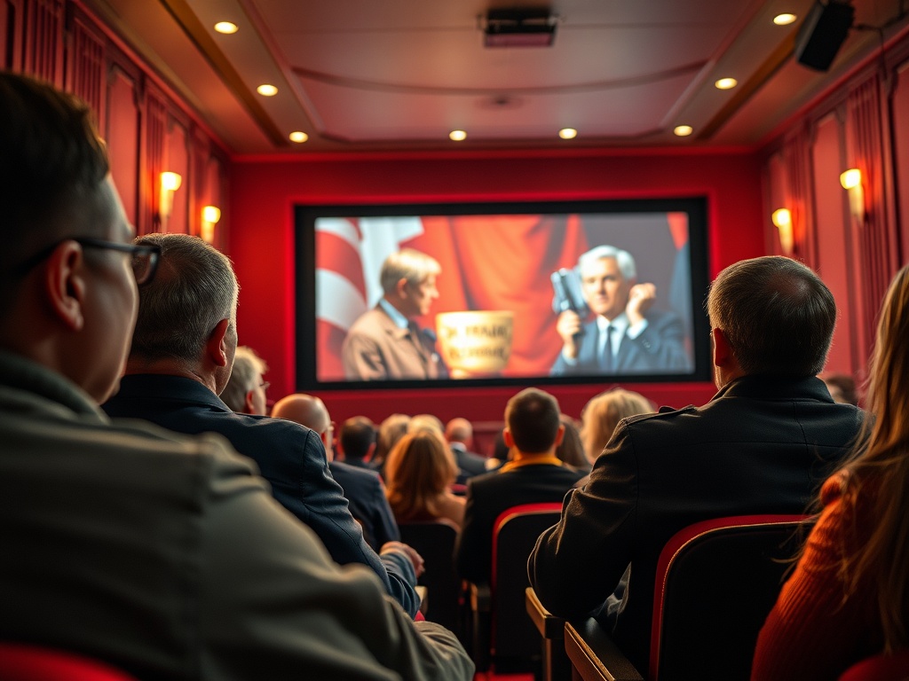 Зрители в кинотеатре смотрят фильм, на экране — сцена с персонажем и оружием на фоне красного занавеса.