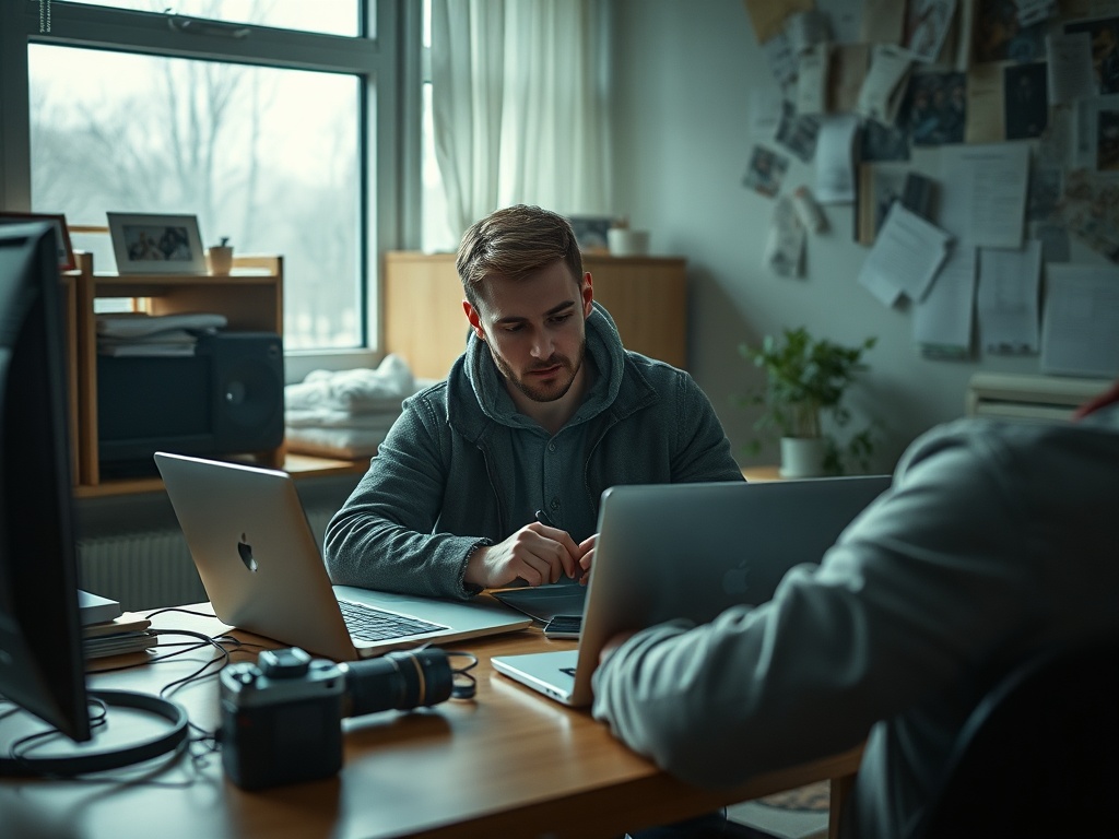 Два человека работают за столом в офисе, окружённом ноутбуками и фотографиями на стене.