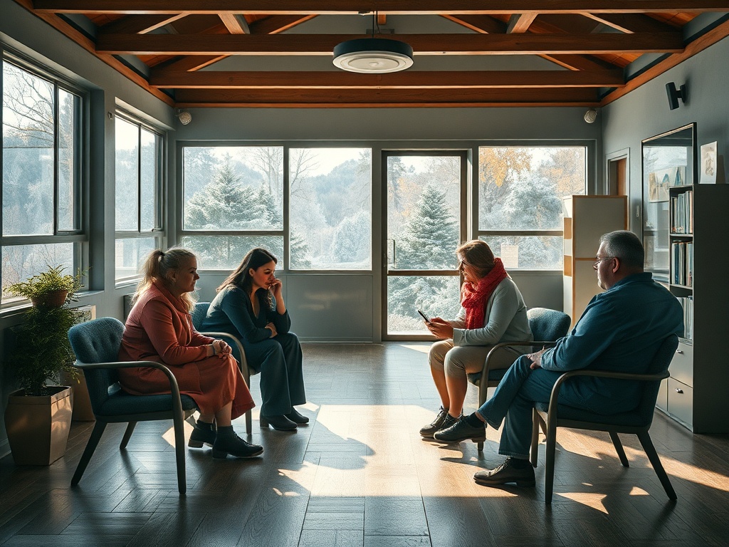 Группа людей обсуждает свои чувства в уютной комнате с большими окнами и зимним пейзажем на фоне.