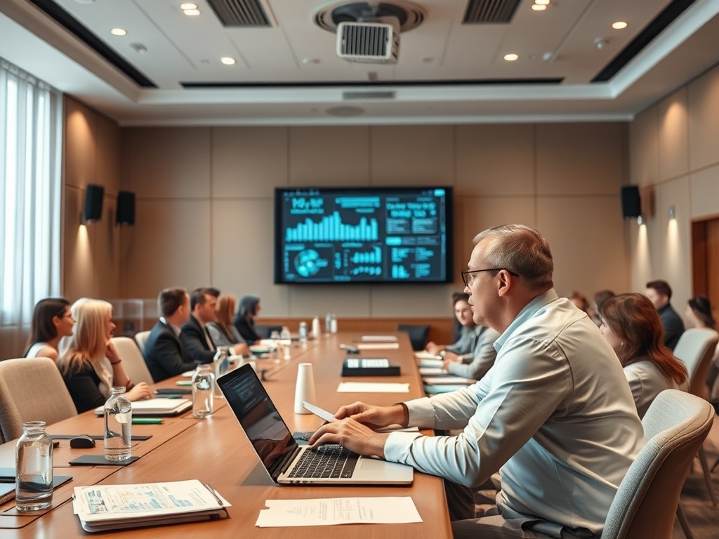 На встрече в конференц-зале обсуждаются бизнес-данные и стратегии, участники внимательно слушают.