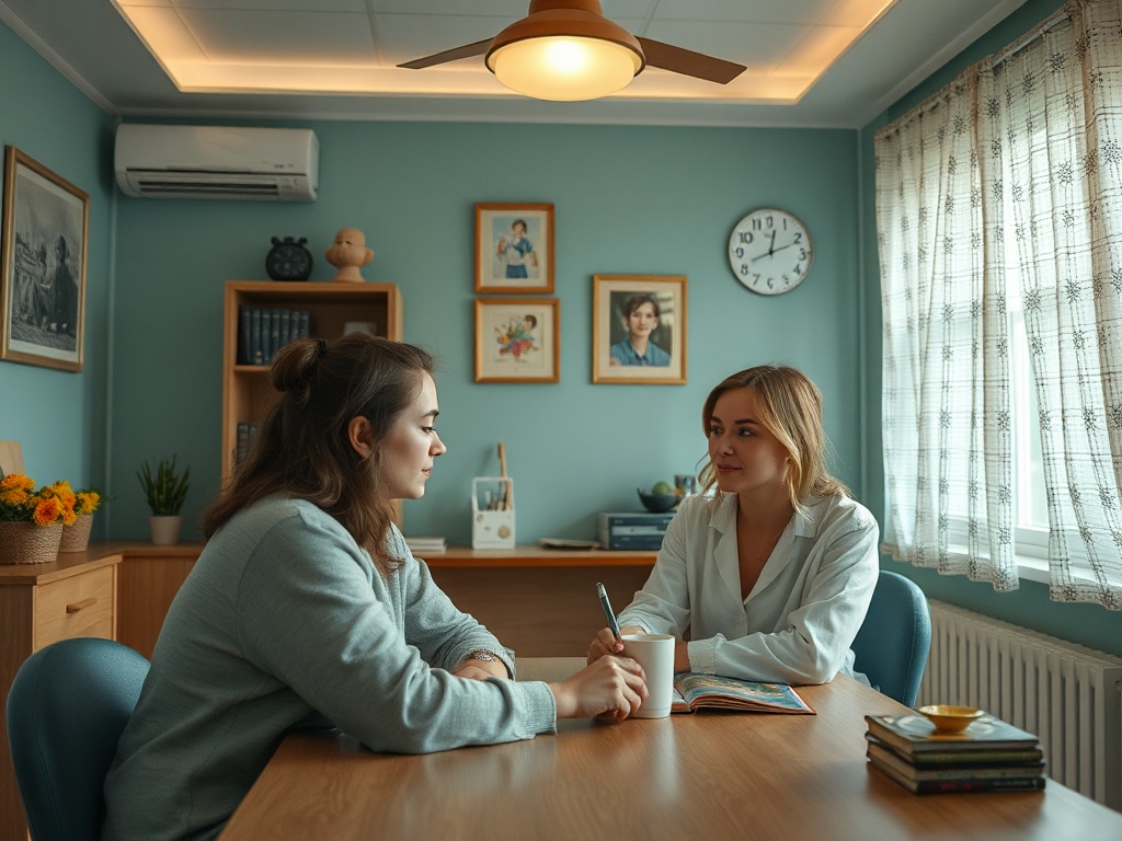 Две женщины сидят за столом в уютном кабинете, одна из них делает заметки, другая внимательно слушает.