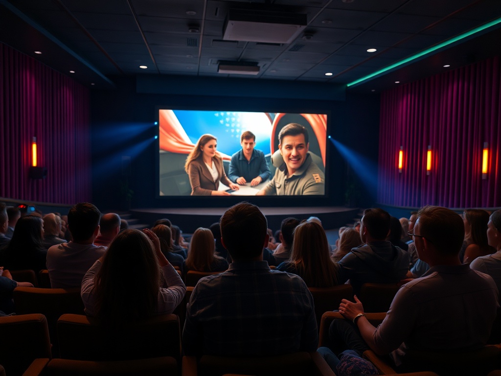 Зрители в кинотеатре следят за экраном, на котором показывают троих людей, обсуждающих что-то важное.