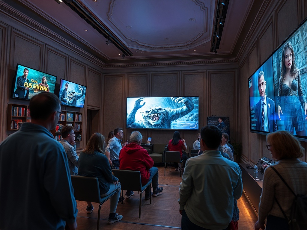 Группа людей в комнате смотрит на экраны с изображениями фильмов и персонажей на стенах.
