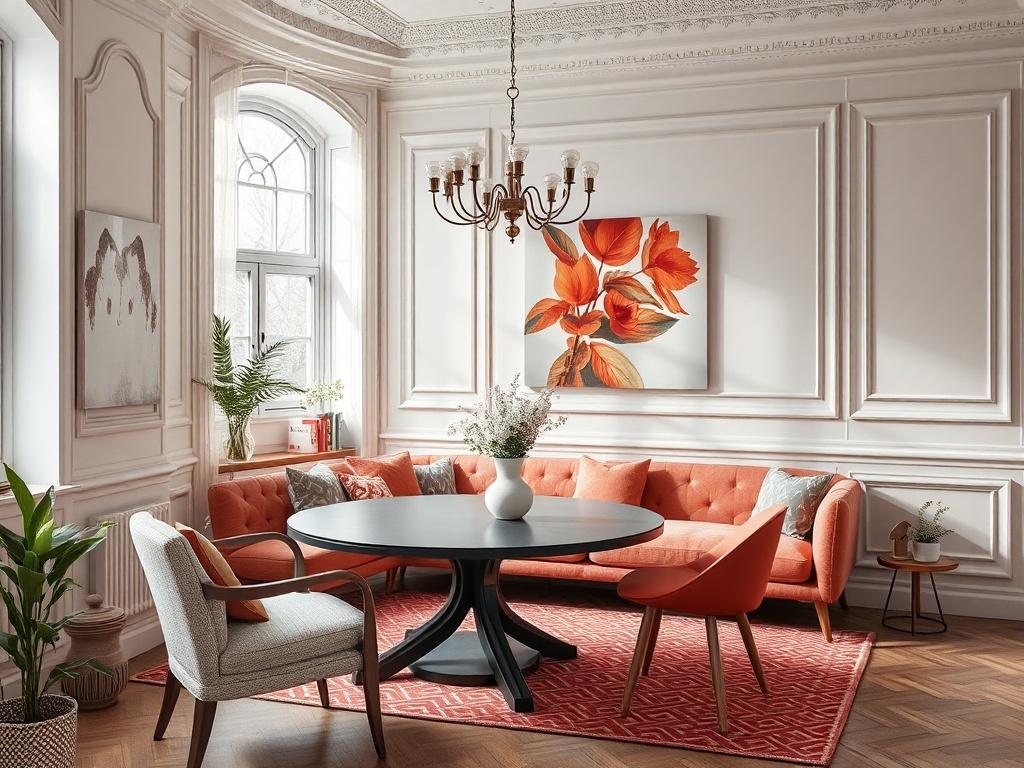 Современный интерьер с оранжевым диваном, круглым столом и картинами на стенах в светлом помещении.