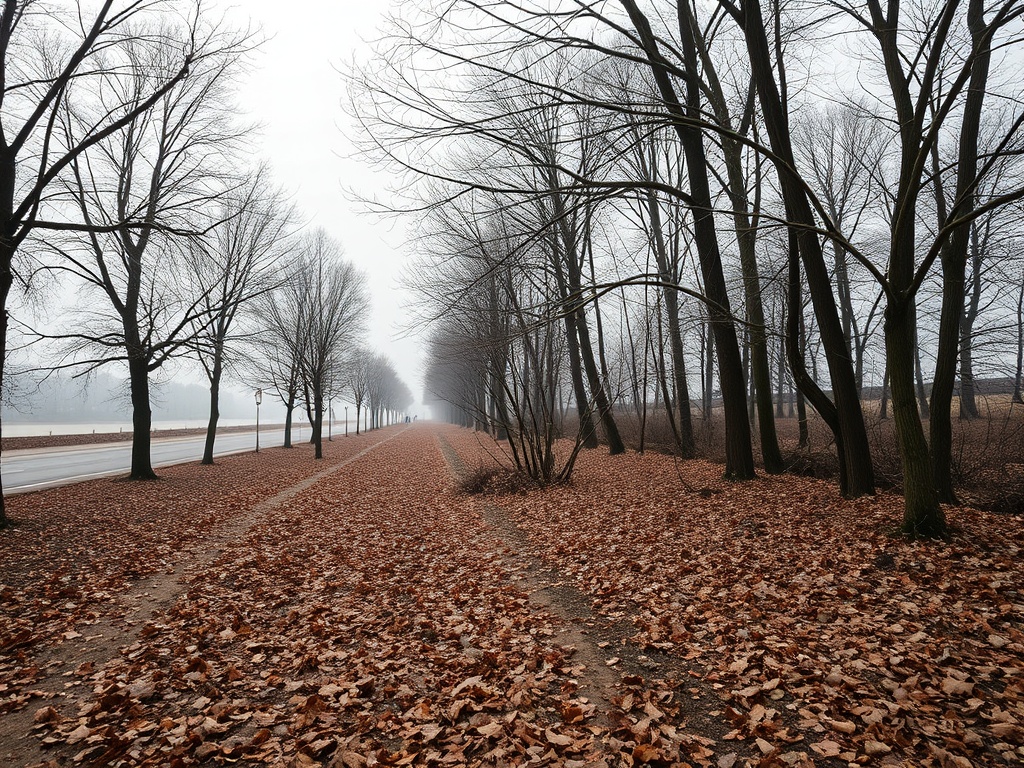 Зимний пейзаж с голыми деревьями и опавшими листьями, окутанный туманом. Уютная аллея вдоль дороги.