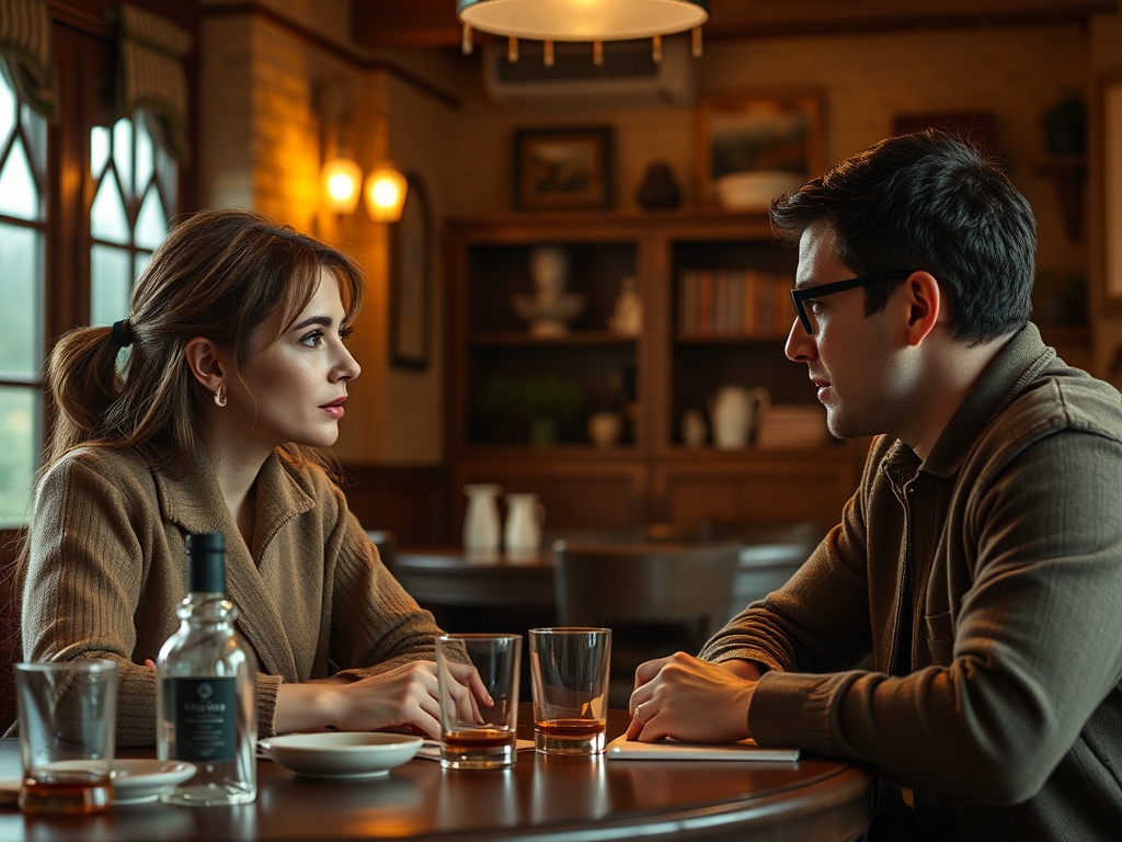 На изображении пара сидит за столом в уютном кафе, обсуждая что-то важное. На столе напитки и записи.