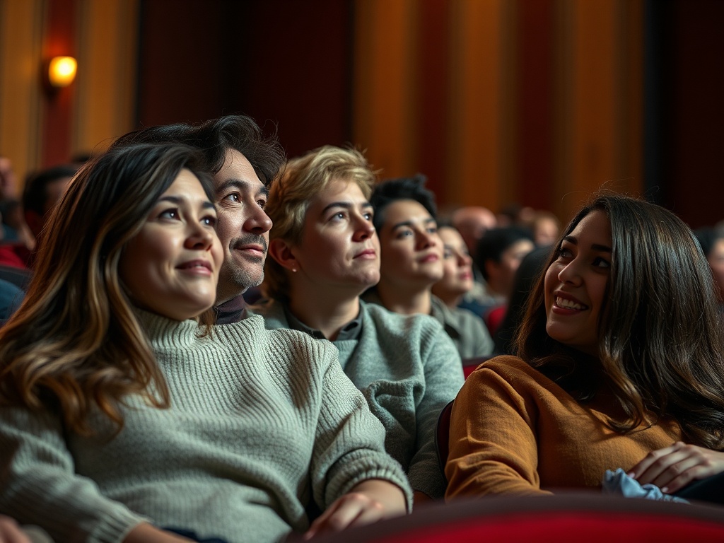 На фотографии группа людей в театре, смотрящих на сцену с интересом и улыбками на лицах.