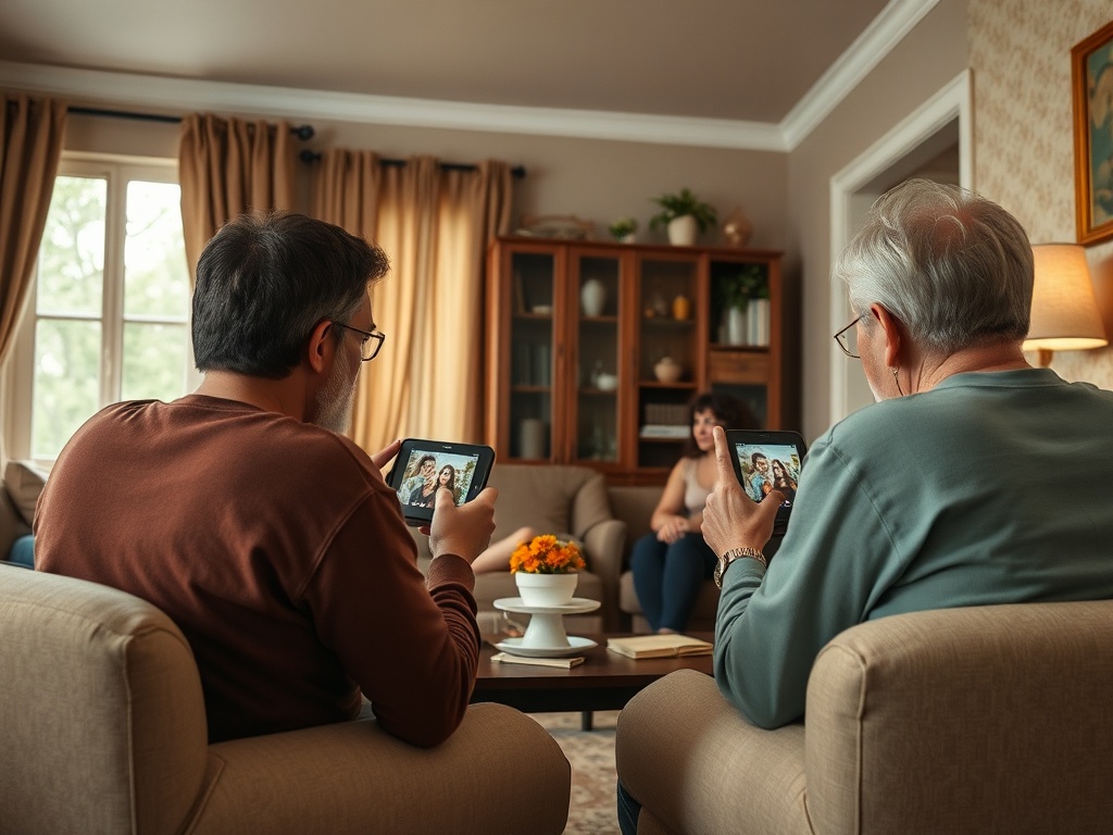 Два человека смотрят на планшеты, общаясь с женщиной, сидящей напротив в уютной комнате.