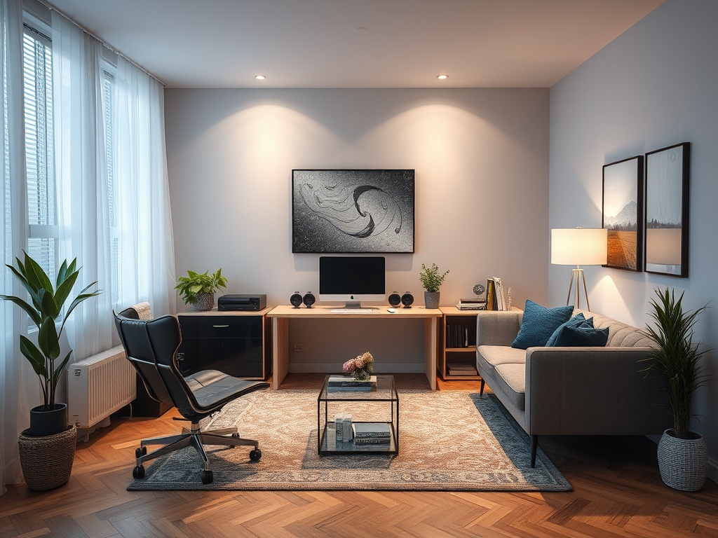 Современный офис с мягким диваном, рабочим столом, растениями и художественными картинами на стенах.