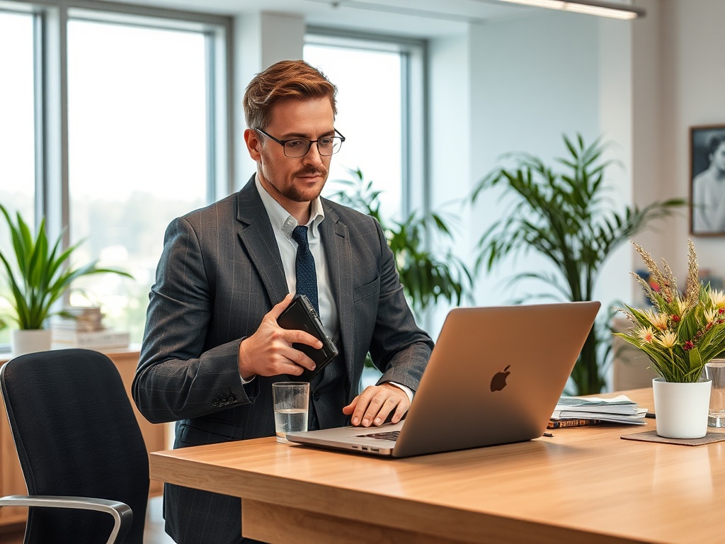 Мужчина в костюме работает за ноутбуком в современном офисе с растениями и уютной обстановкой.